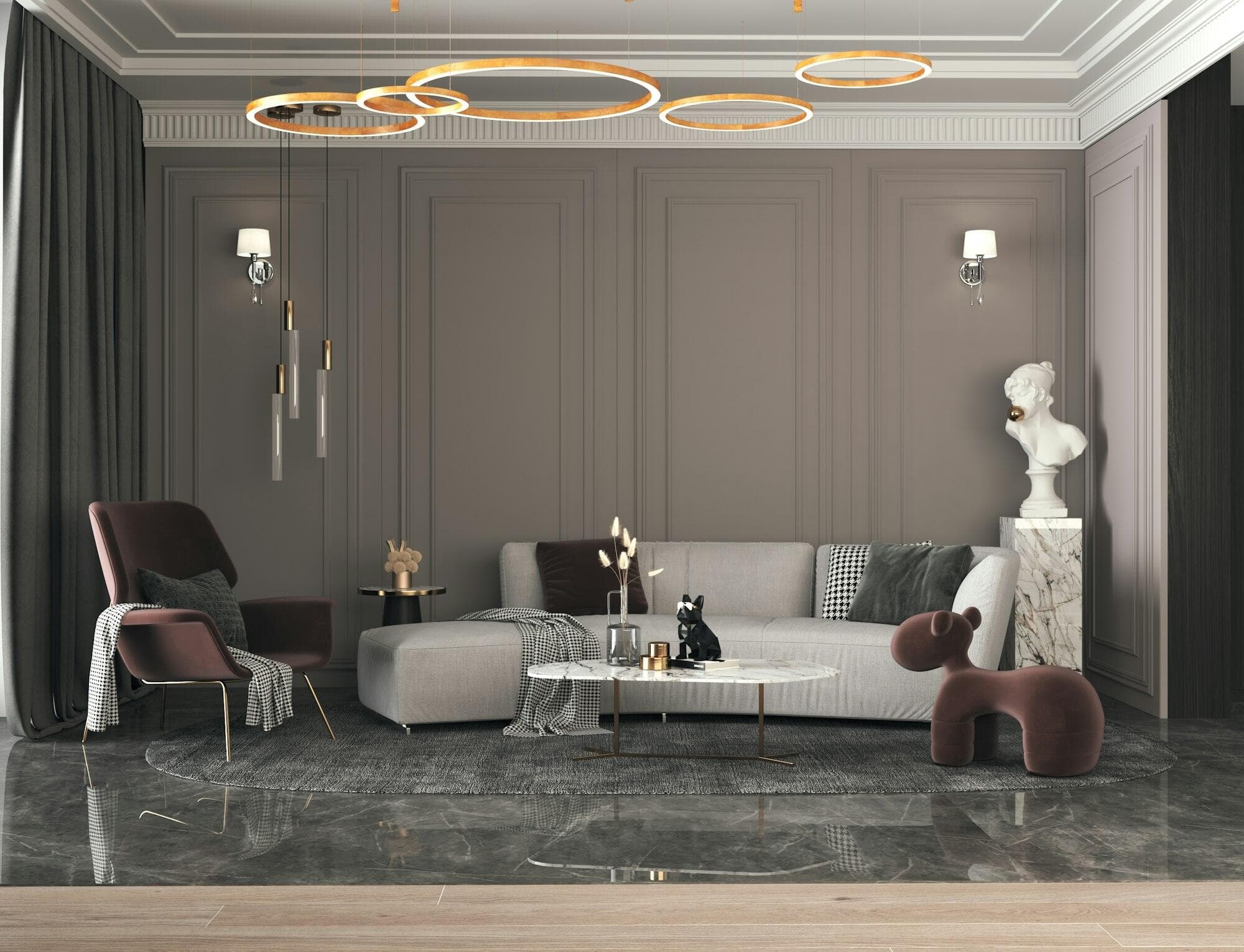 Salon élégant avec lustre doré, mis en valeur pour la location
